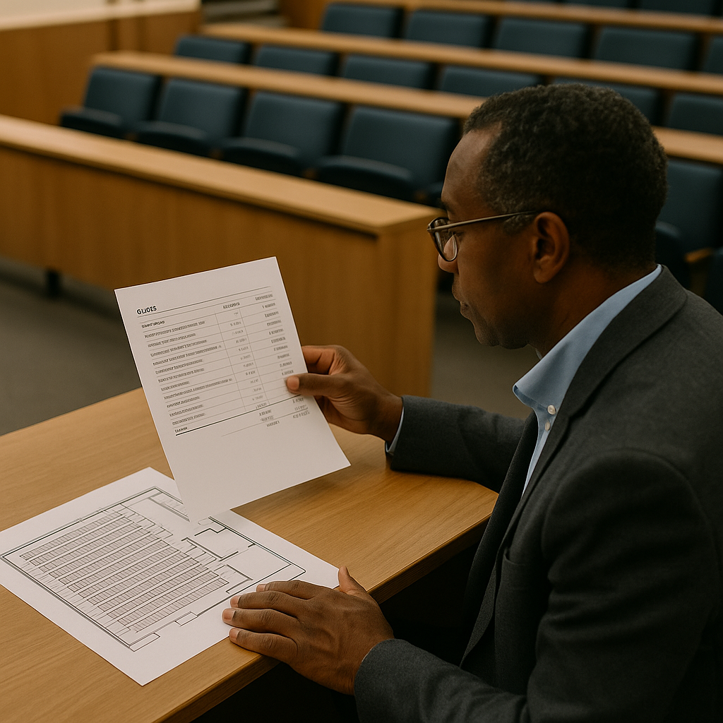 University purchasing officer comparing auditorium chair prices and project costs