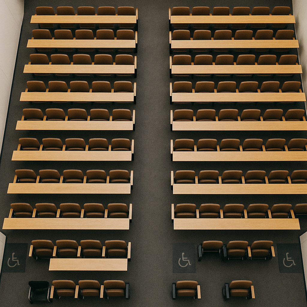 University lecture hall seating layout with rows and access aisles