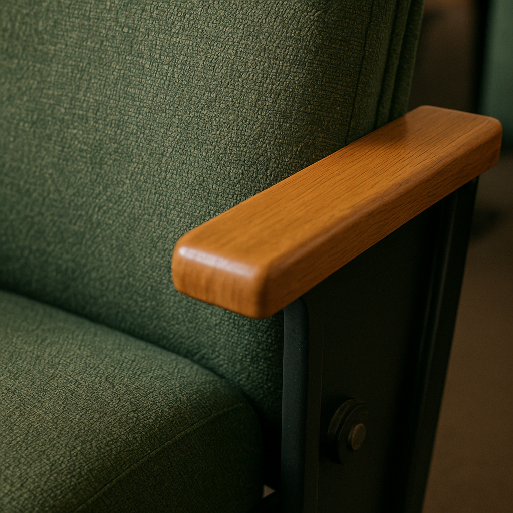 Fabric upholstery, wooden armrest and steel frame on an auditorium chair