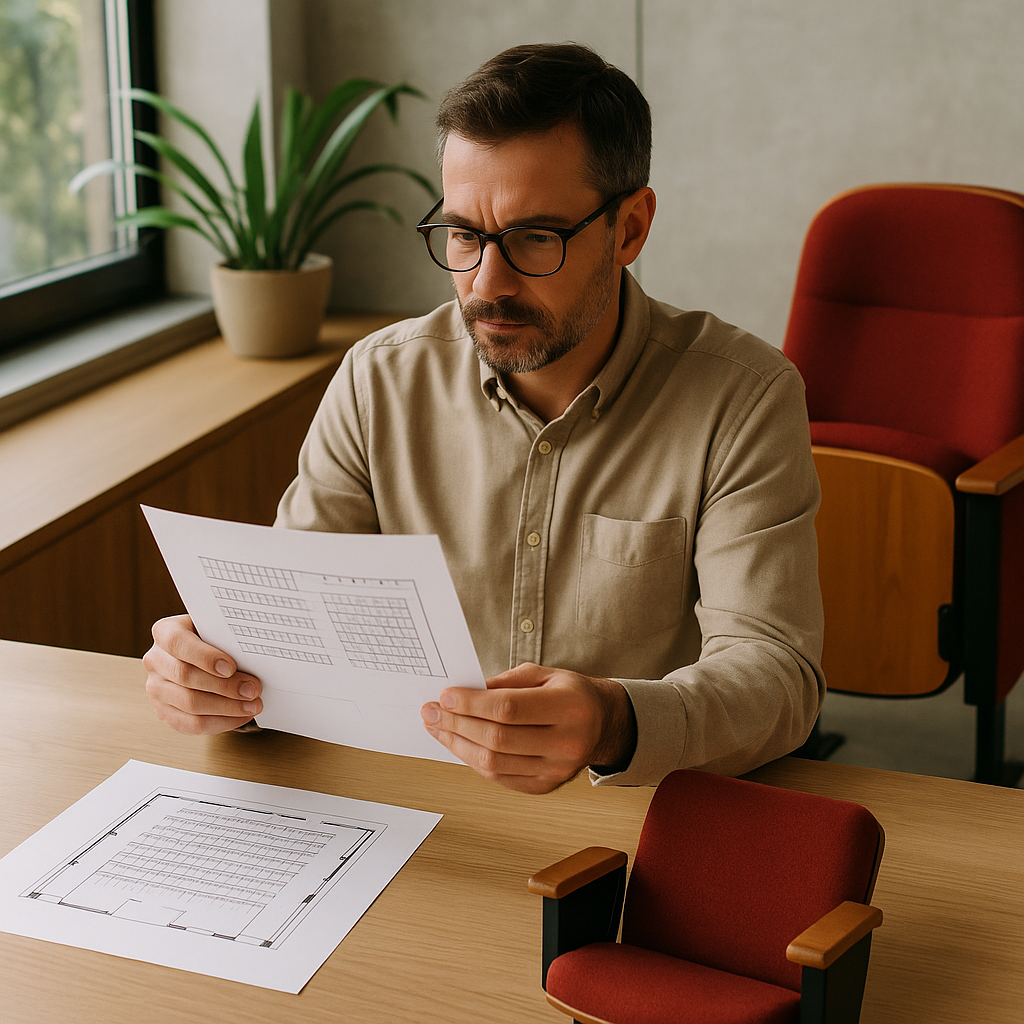 University procurement review of an auditorium chair quotation and room plan