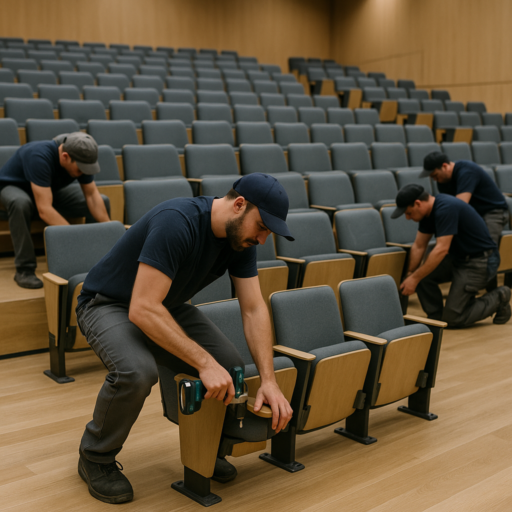 Installation of floor-mounted auditorium chairs in a university lecture hall
