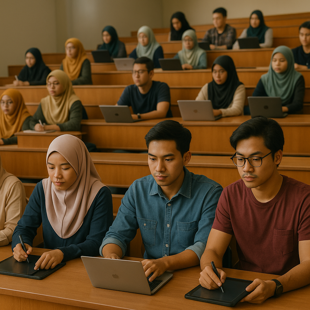 University students using auditorium chairs with writing tablets in a lecture hall