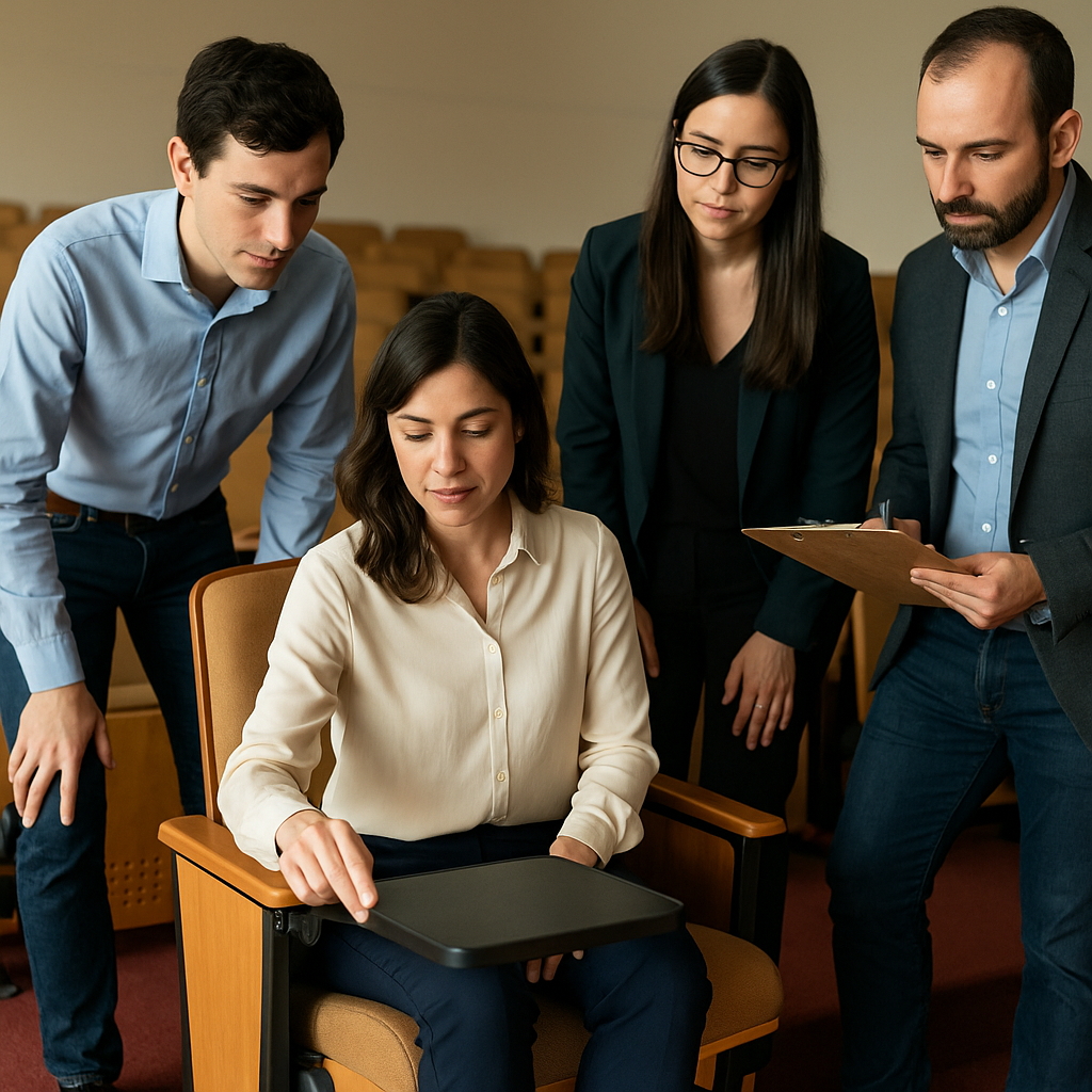 University purchasing team evaluating a lecture chair with writing tablet