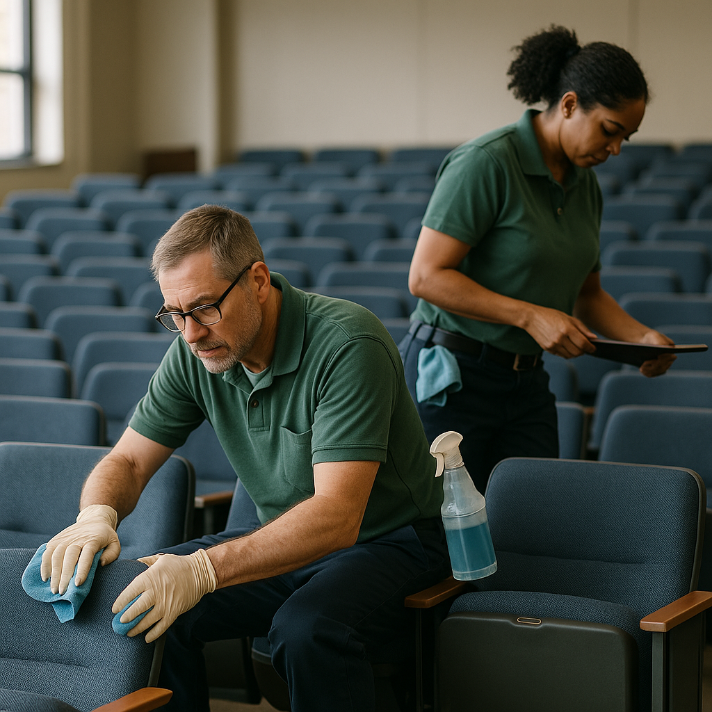Cleaning and maintaining fabric auditorium chairs with writing tablets