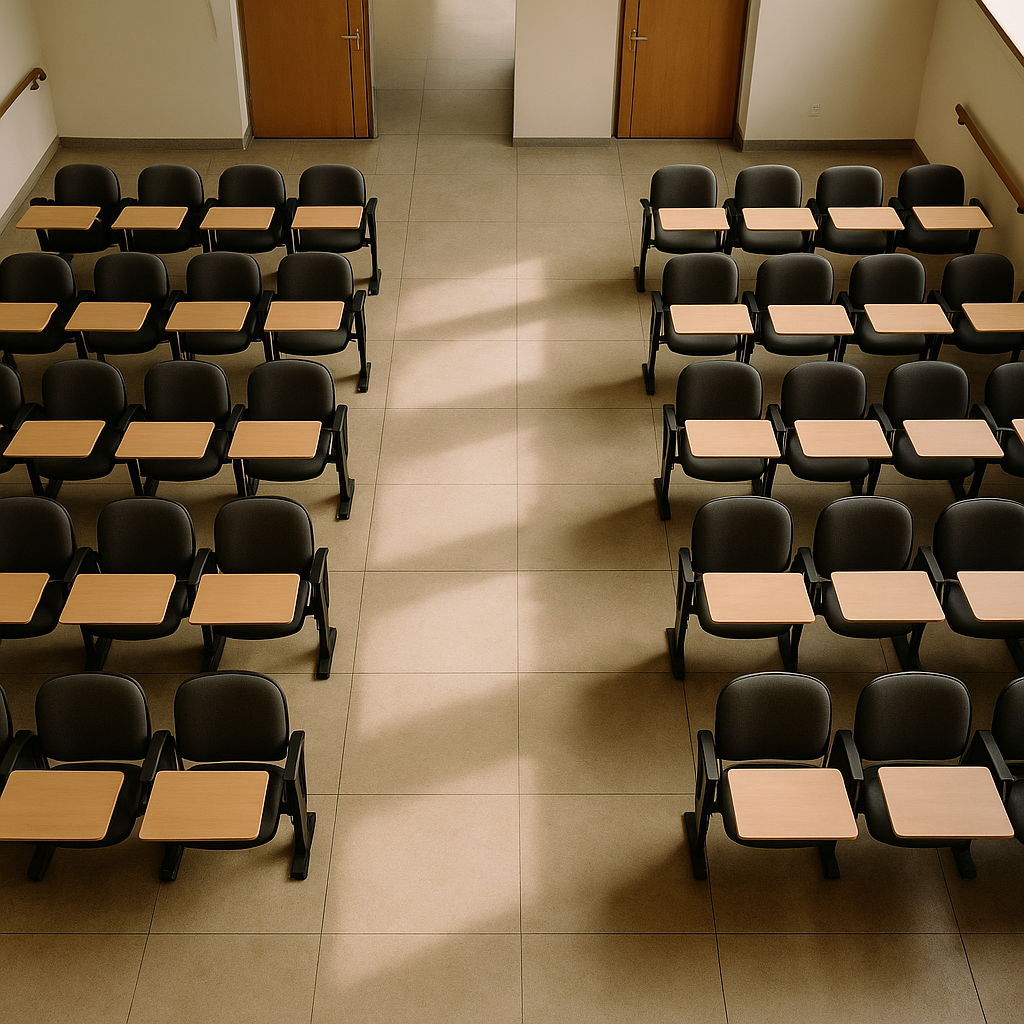 Lecture hall seating layout with writing tablets and clear aisles