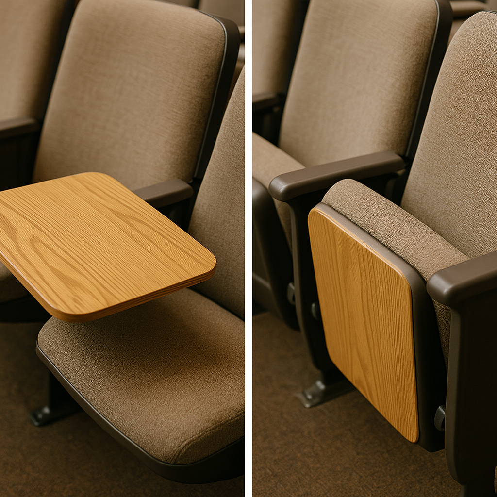Open and stored writing tablet on university auditorium seating