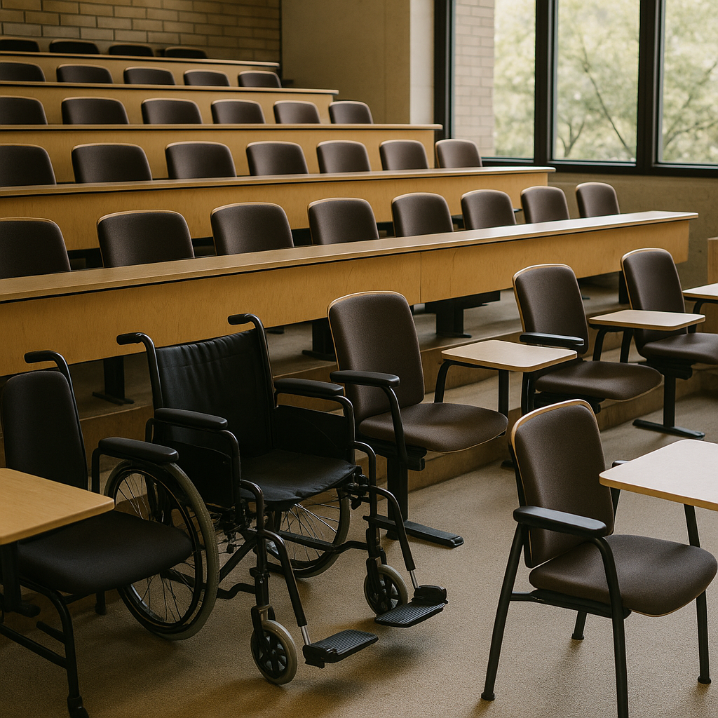 Accessible university auditorium seating with companion spaces and writing surfaces