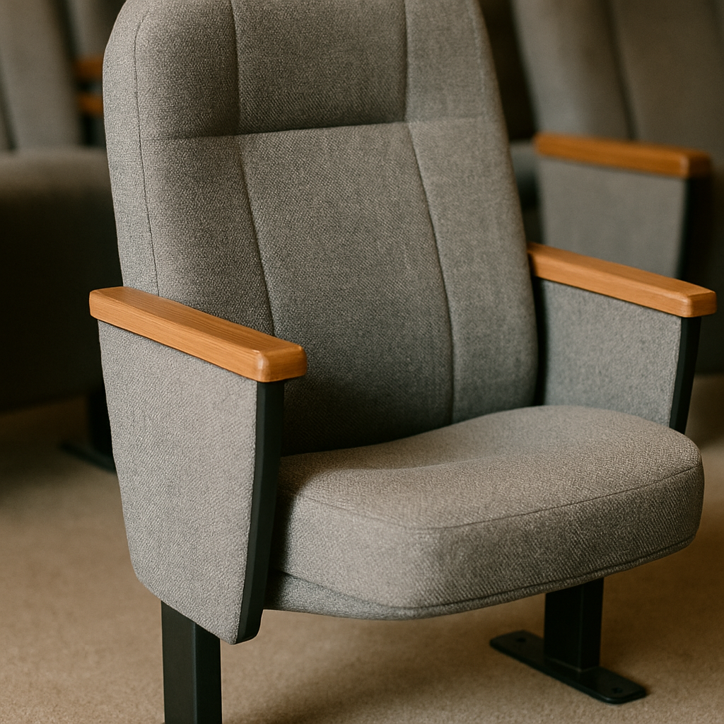 Fabric upholstery and wooden armrest on a university auditorium chair
