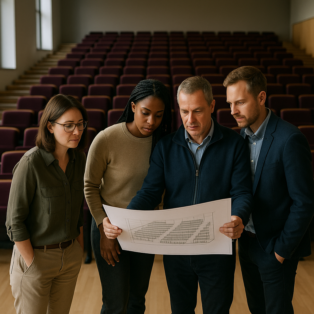 University procurement team planning a lecture theatre chair layout in Malaysia