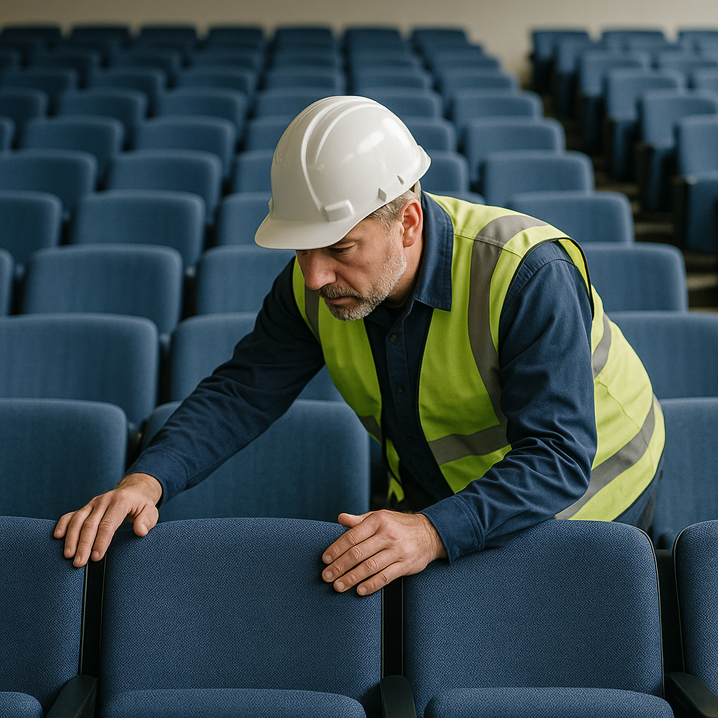 University facilities inspection of installed lecture theatre chairs