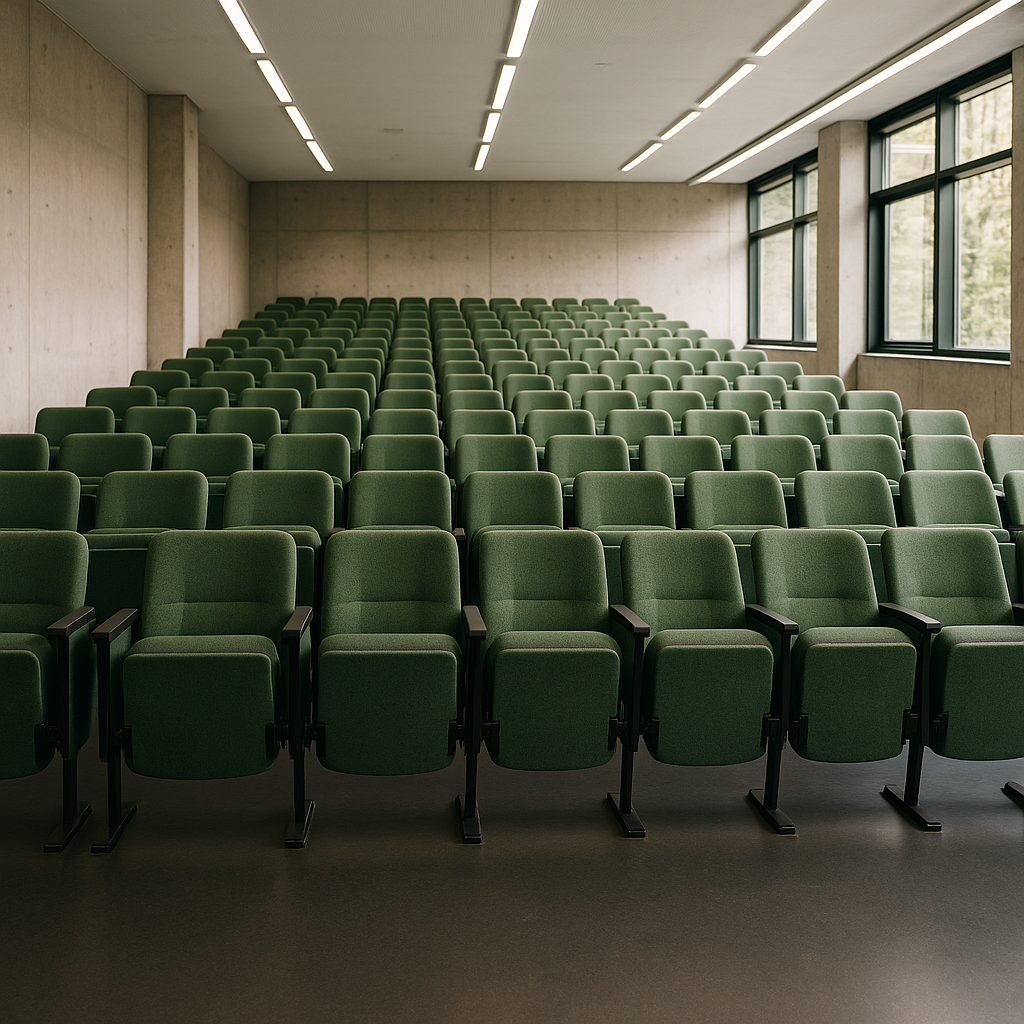 STAC4783 fabric lecture theatre chairs arranged in university seating rows