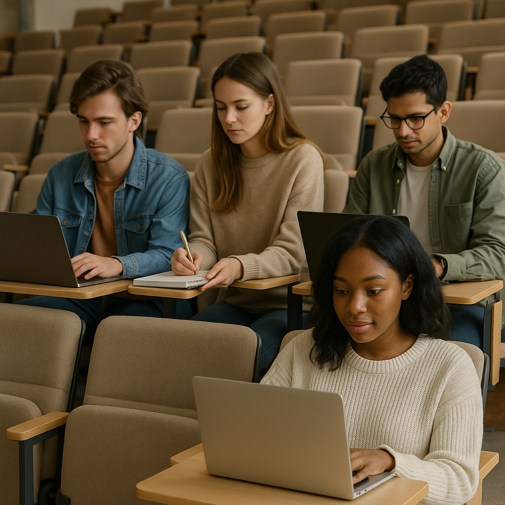 Students assessing writing and laptop use with lecture hall chairs