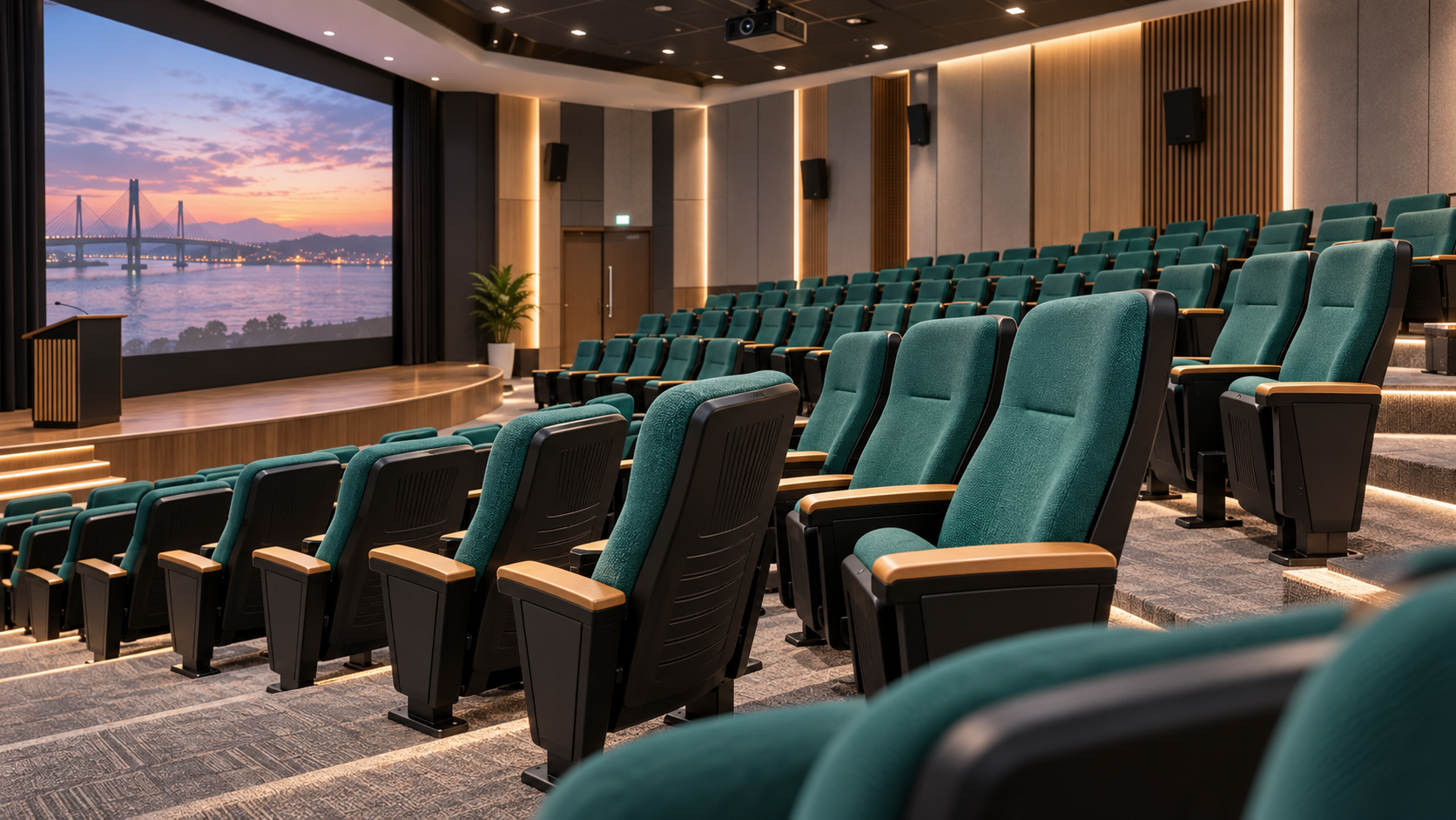 Contoured-backrest auditorium movie chairs for a university screening room