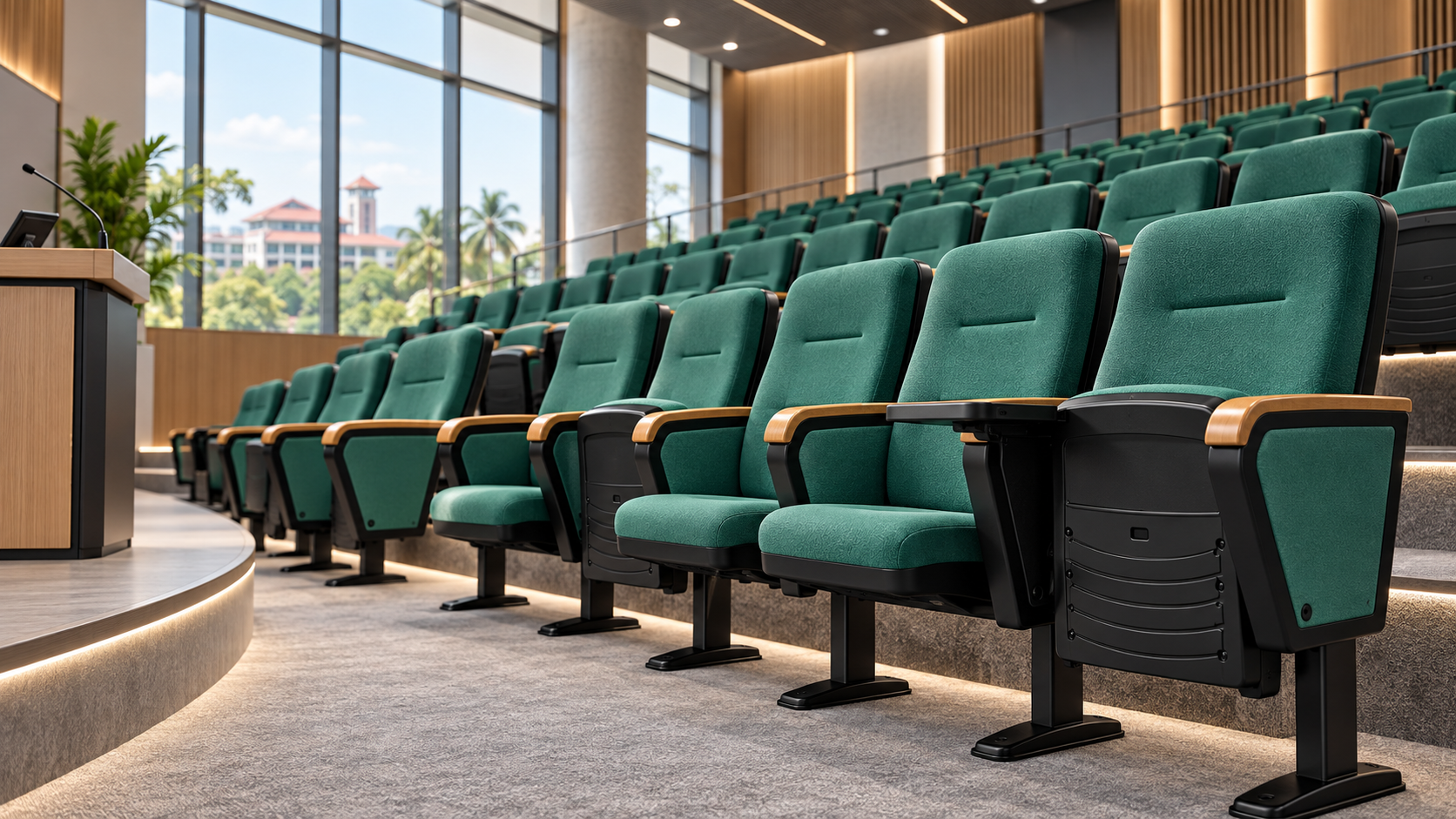 Black integrated-headrest auditorium chairs in a university lecture hall