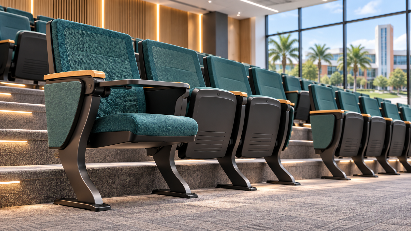 Wave-leg metal-frame auditorium chairs for a campus hall