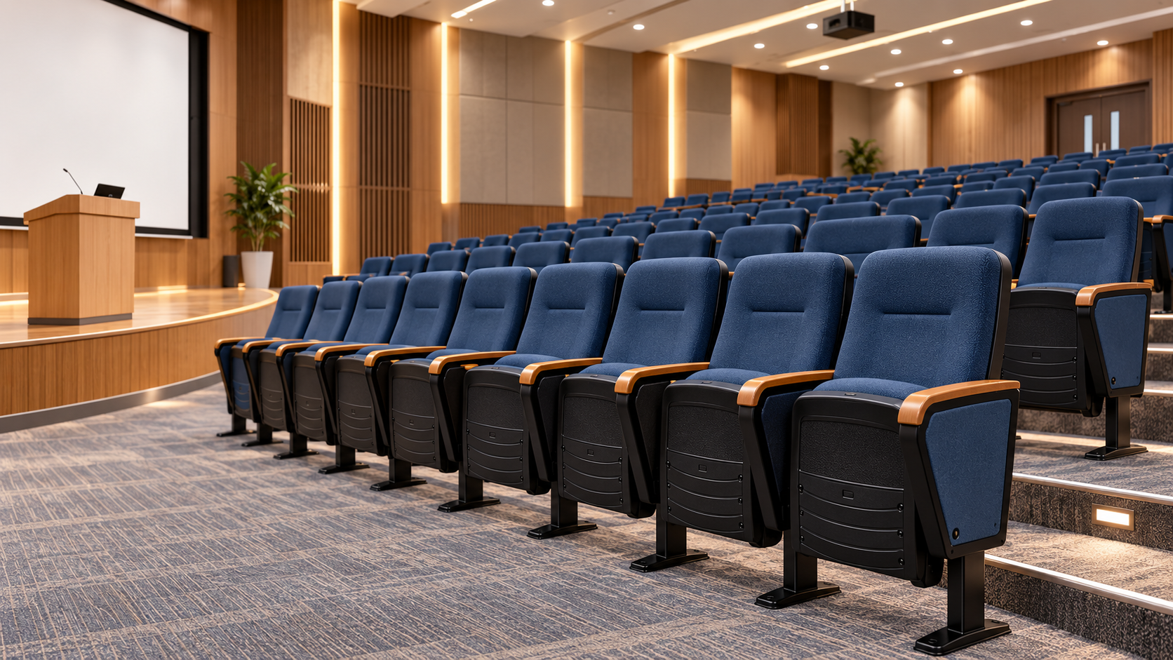 Classic padded-headrest auditorium chairs in a university lecture theatre