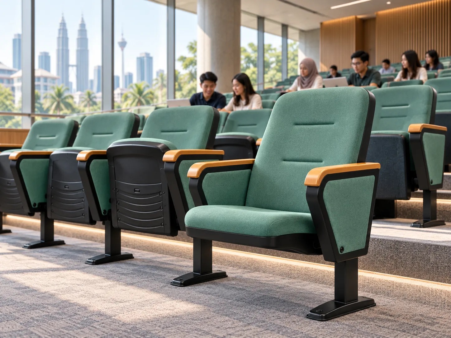Slatted-backrest auditorium chairs in a university lecture hall
