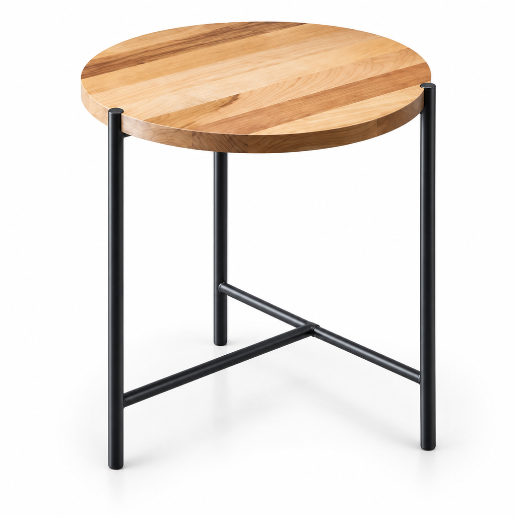 Modern Round Wood and Black Metal Side Table