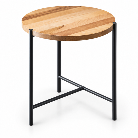 Modern Round Wood and Black Metal Side Table