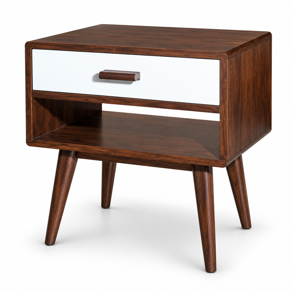 Mid-Century Walnut Nightstand with White Drawer