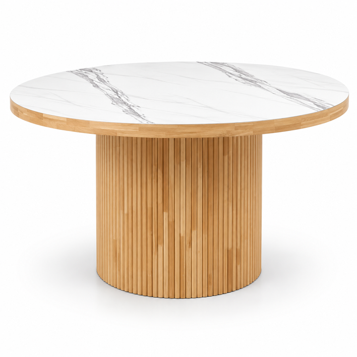 White Marble Table with Fluted Oak Pedestal