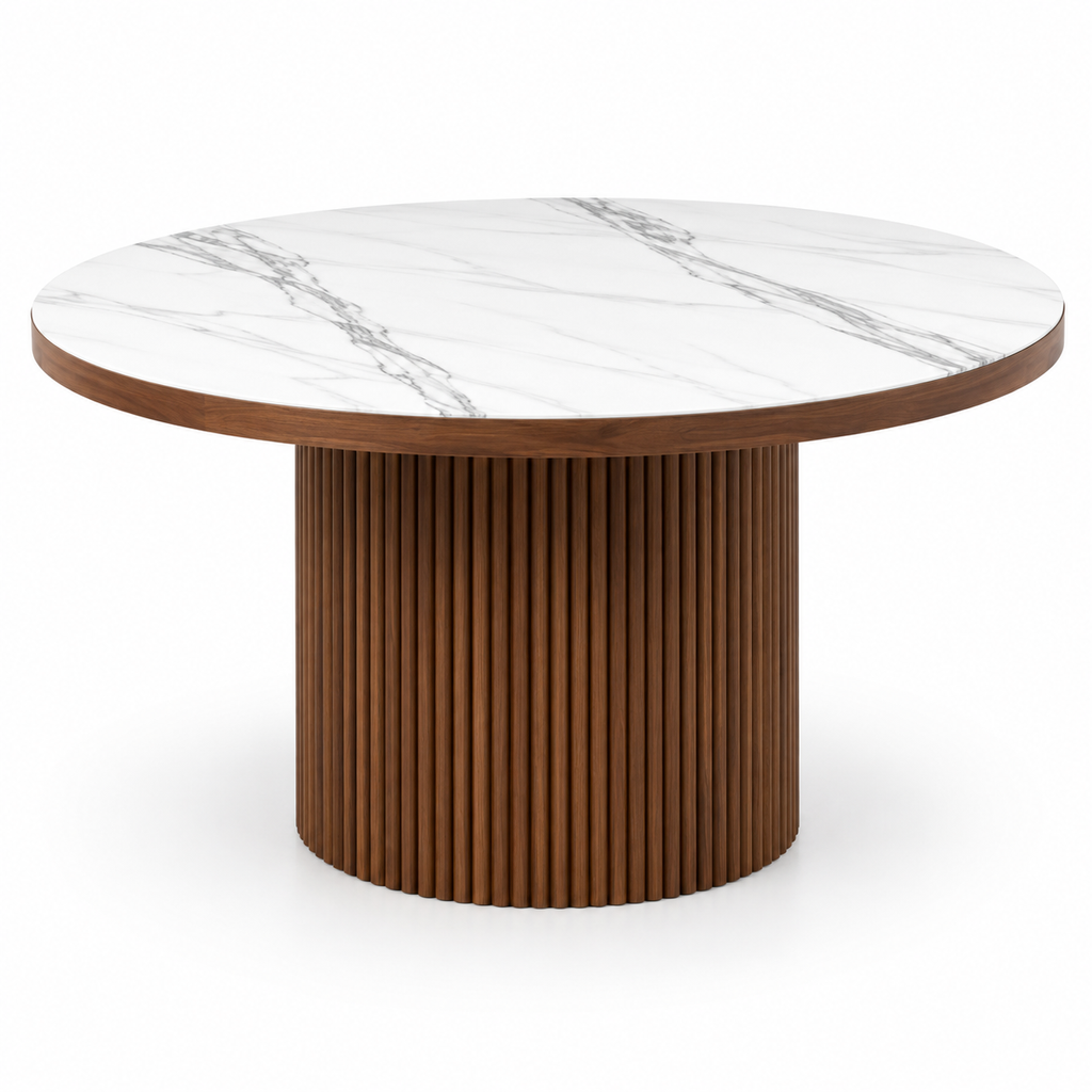 Walnut Fluted Pedestal Marble Table