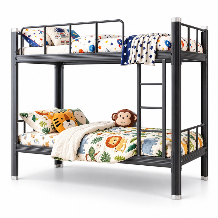 Modern Metal Bunk Bed with Colorful Kids’ Bedding