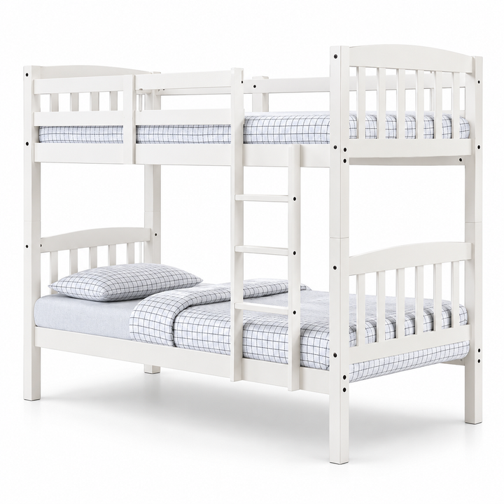 White Wooden Bunk Bed with Grid Bedding