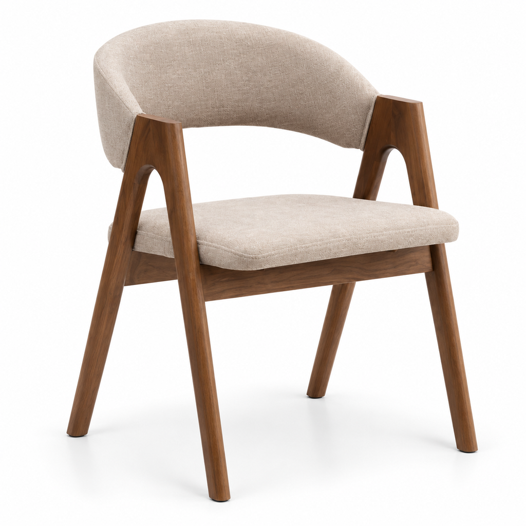 Walnut Frame Beige Upholstered Chair