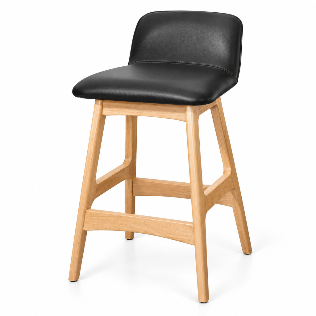 Modern Black Leather and Natural Wood Bar Stool