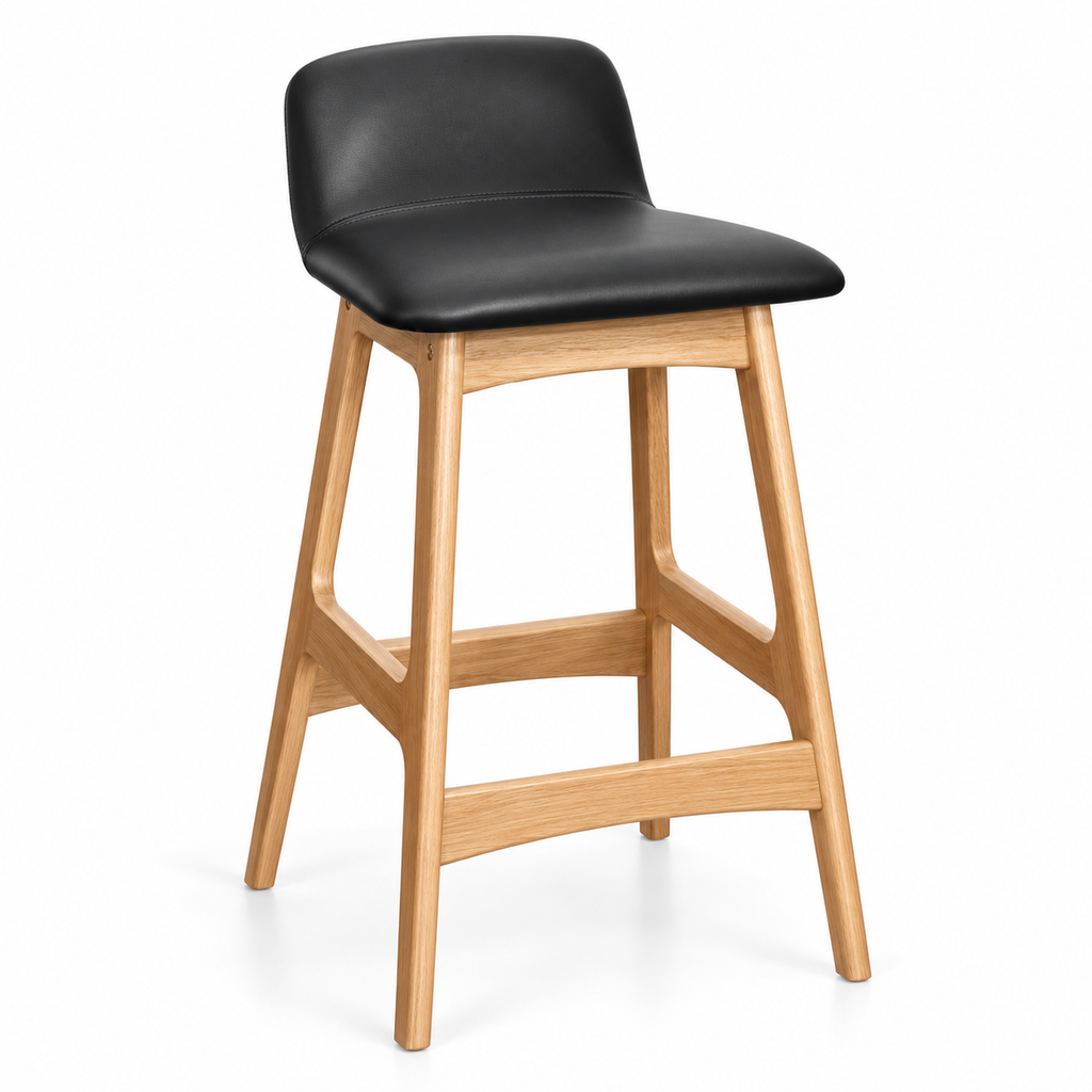 Modern Oak Bar Stool with Black Leather Seat