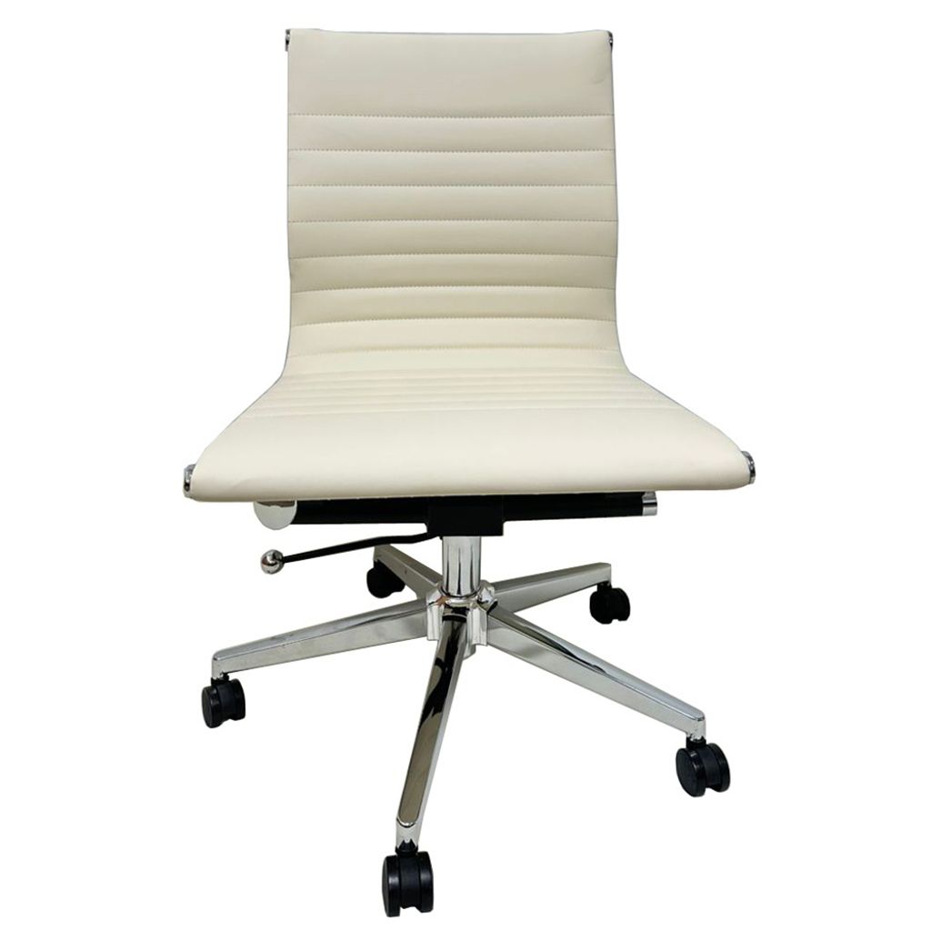 front view of mid back pu leather office meeting chair with aluminium frame and chrome leg in colour cream white