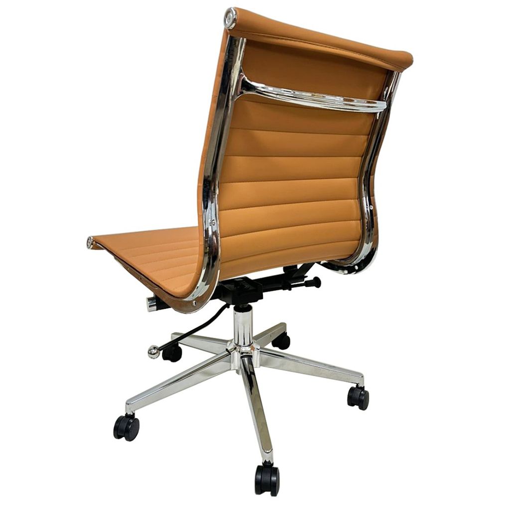 back view of pu leather mid back office meeting chair armless with aluminium frame and chrome leg in middle brown