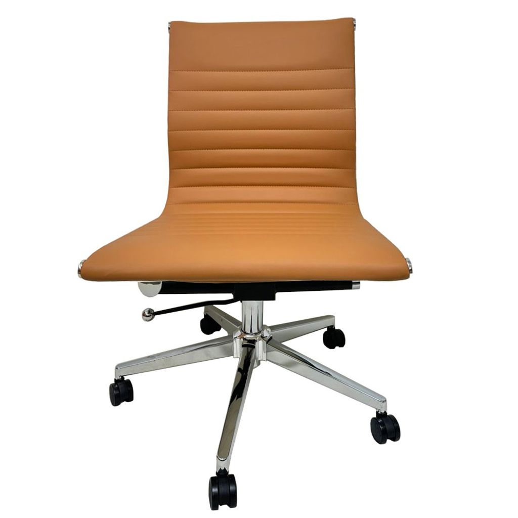 mid back office meeting chair armless pu leather and aluminium frame in middle brown