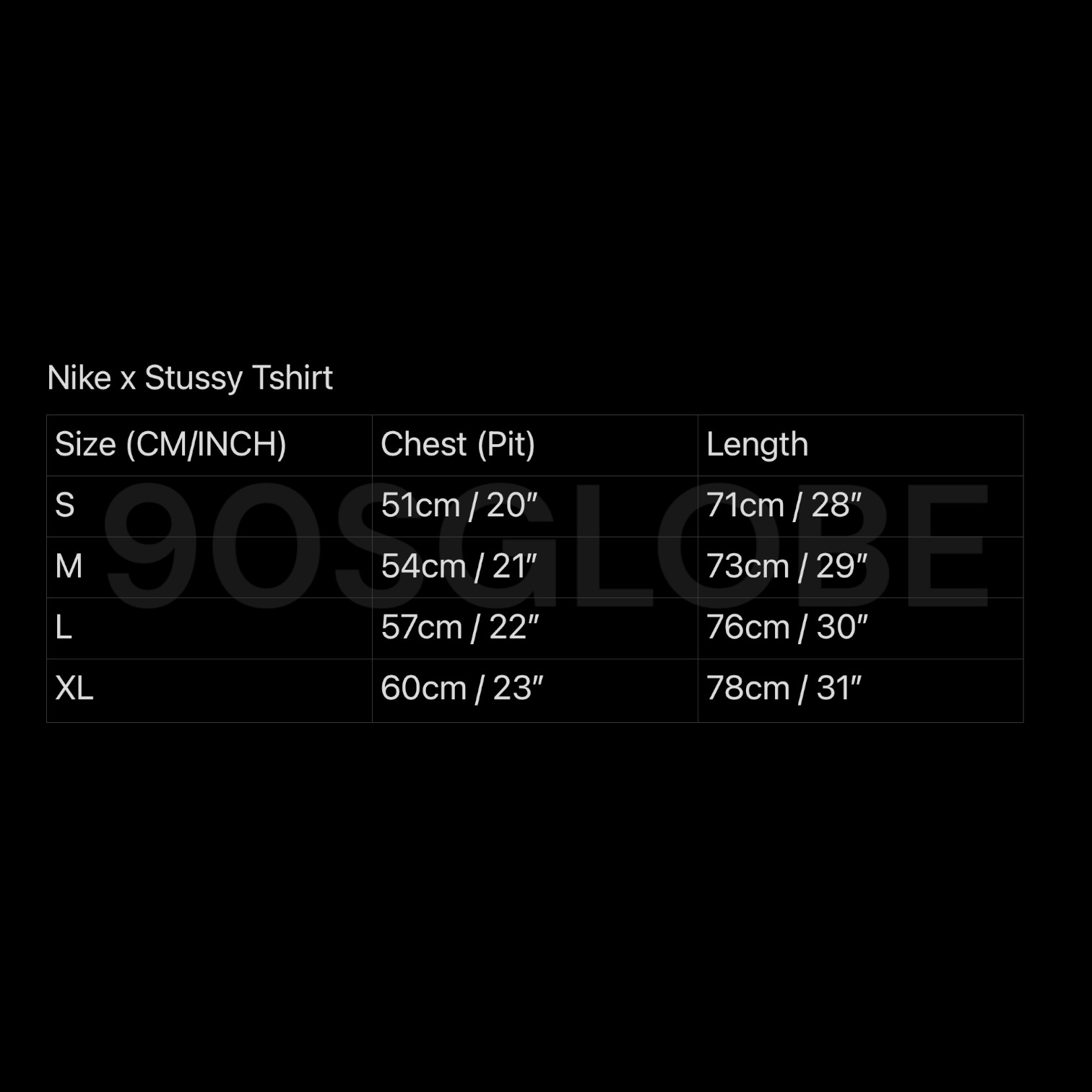 Nike stussy size chart