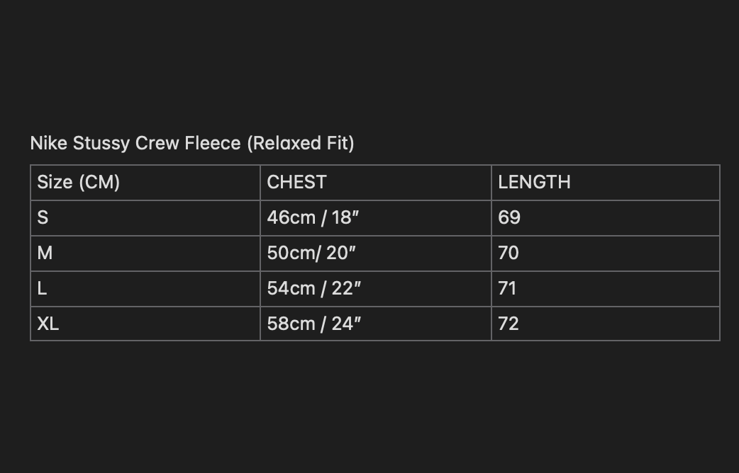 Nike Stussy Crew Size Chart