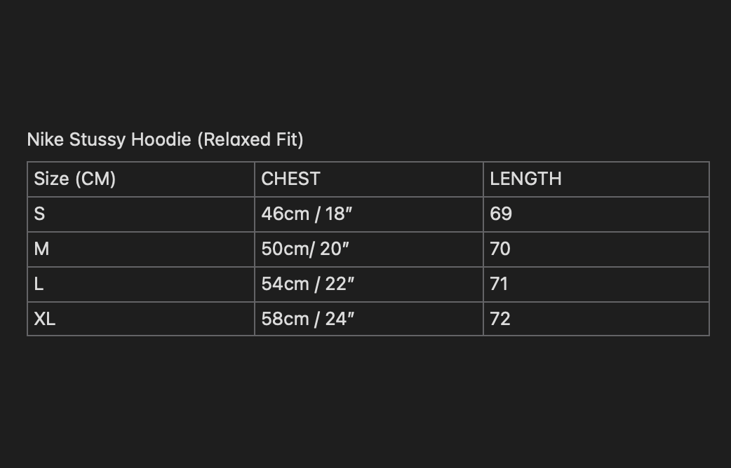 Nike Stussy Hoodie Size Chart