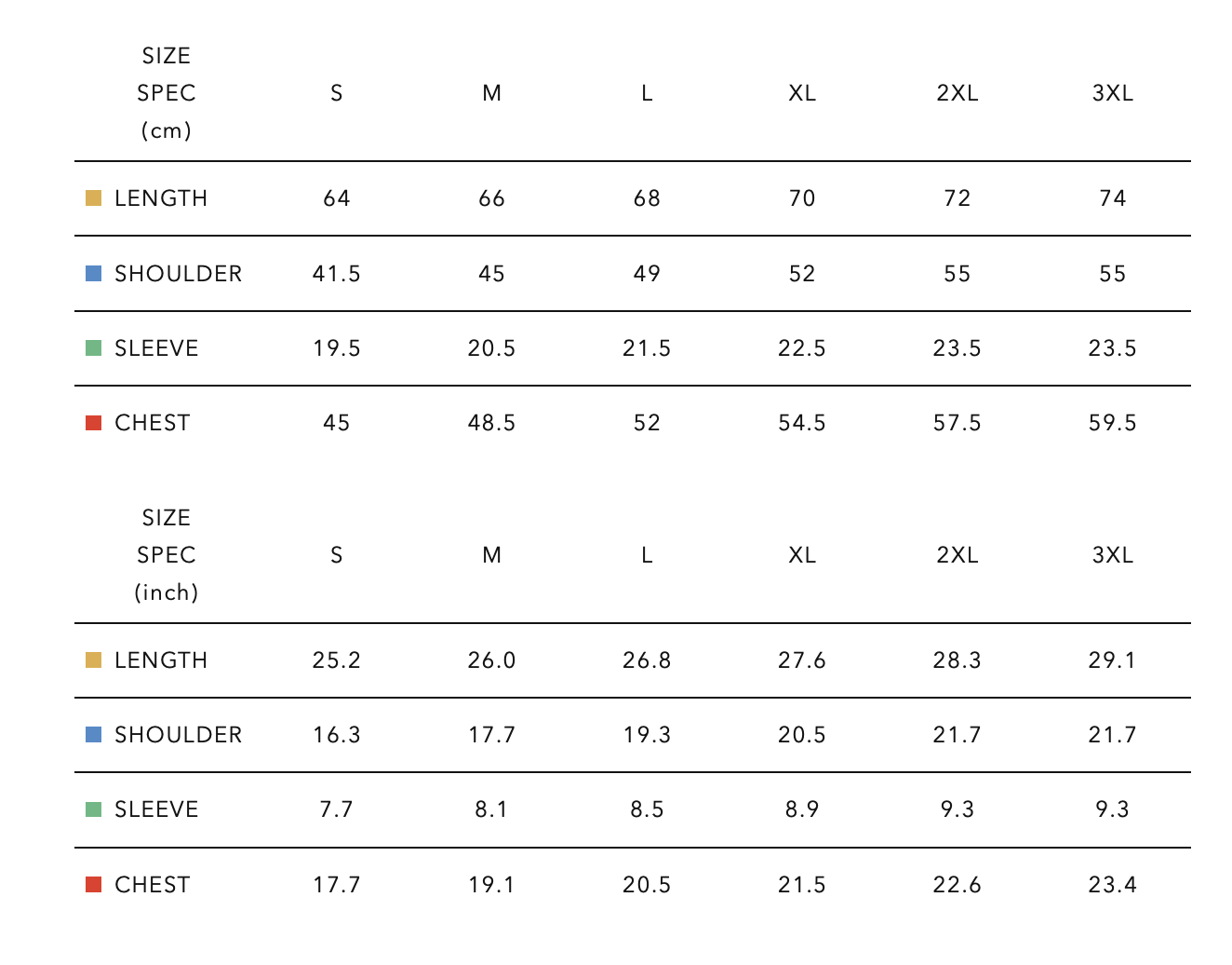 Human Made Size Chart