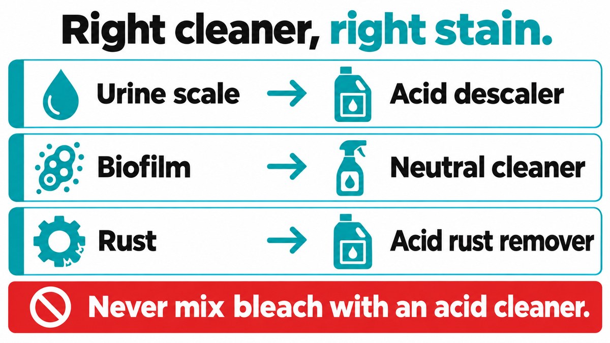 Match the cleaner to the stain, Toilet deep cleaning