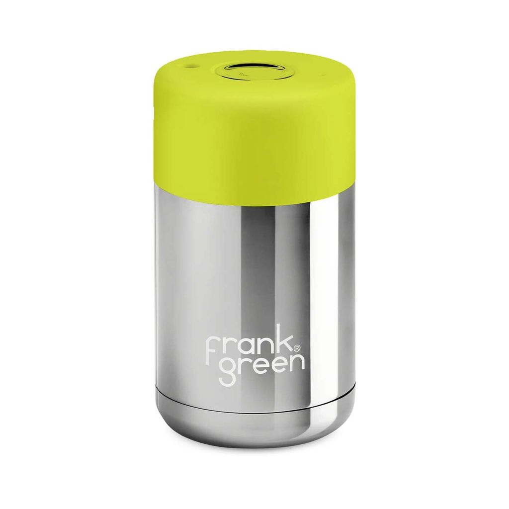 chrome silver ceramic reusable cup with neon yellow lid