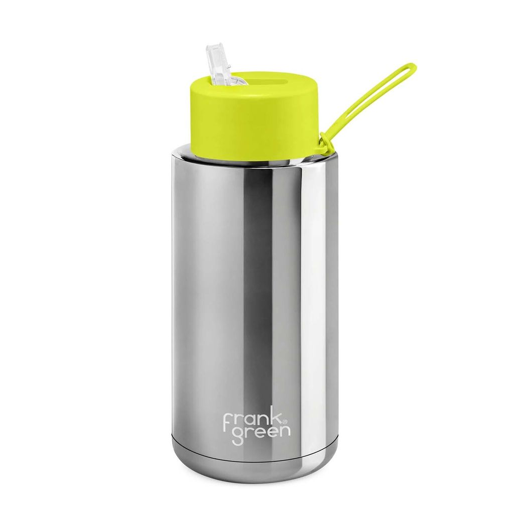 chrome silver ceramic reusable cup with neon yellow lid 34oz