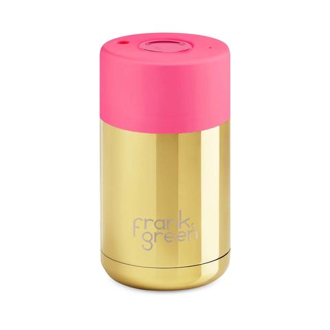 chrome gold ceramic reusable cup with neon pink lid