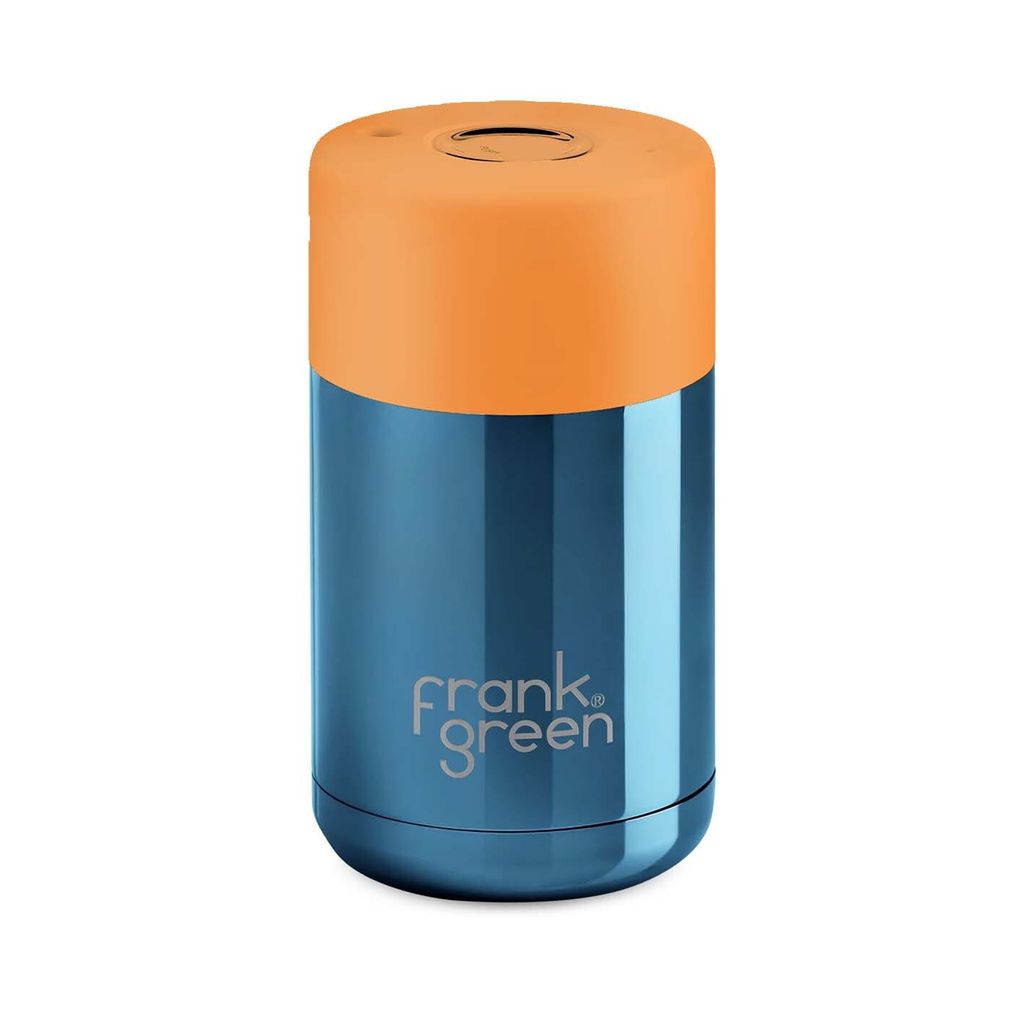 chrome blue ceramic reusable cup with neon orange lid