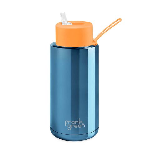 chrome blue ceramic reusable cup with neon orange lid 34oz