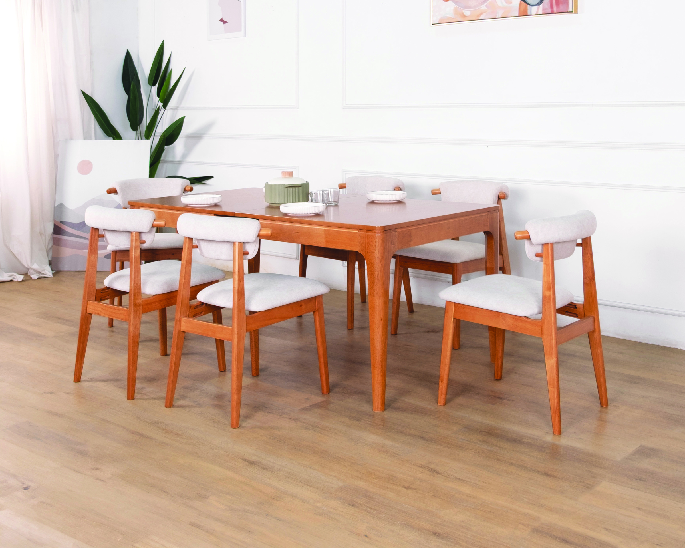 Christine Ext Table + Ivory Chair (Light Walnut) Set_1