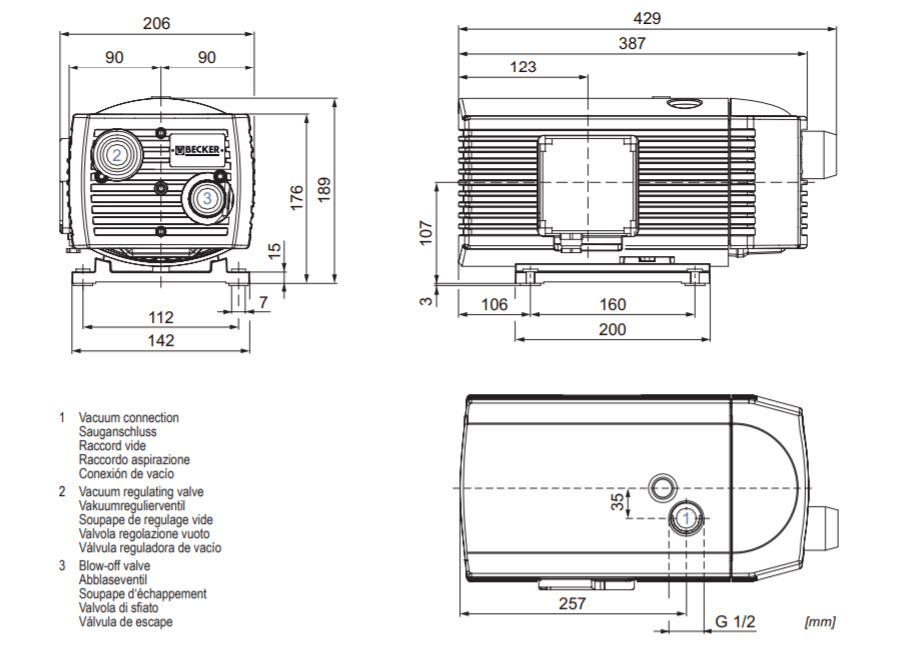 Becker VT4.10 Dry Rotary Vane Vacuum Pump dimension drawing.JPG