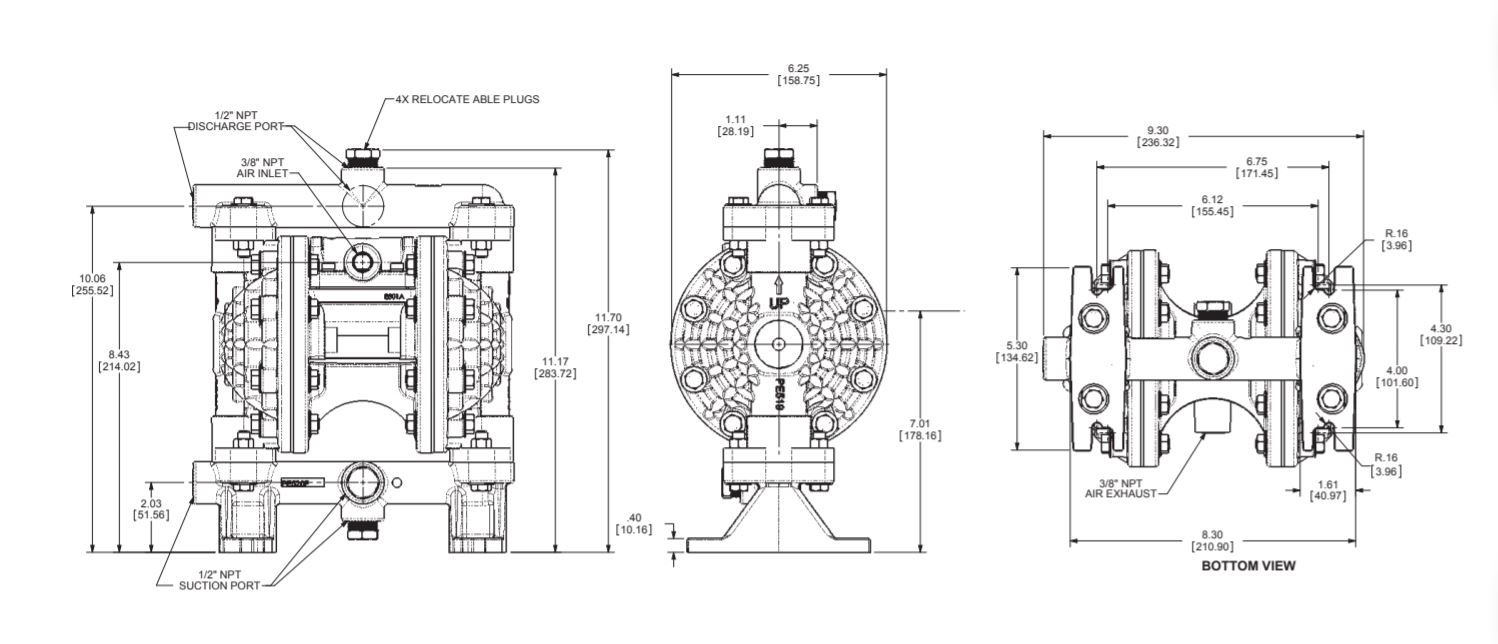 Versamatic 1/2 inch Bolted Plastic Air Operated Double Diaphragm Pump Dimension Drawing .JPG