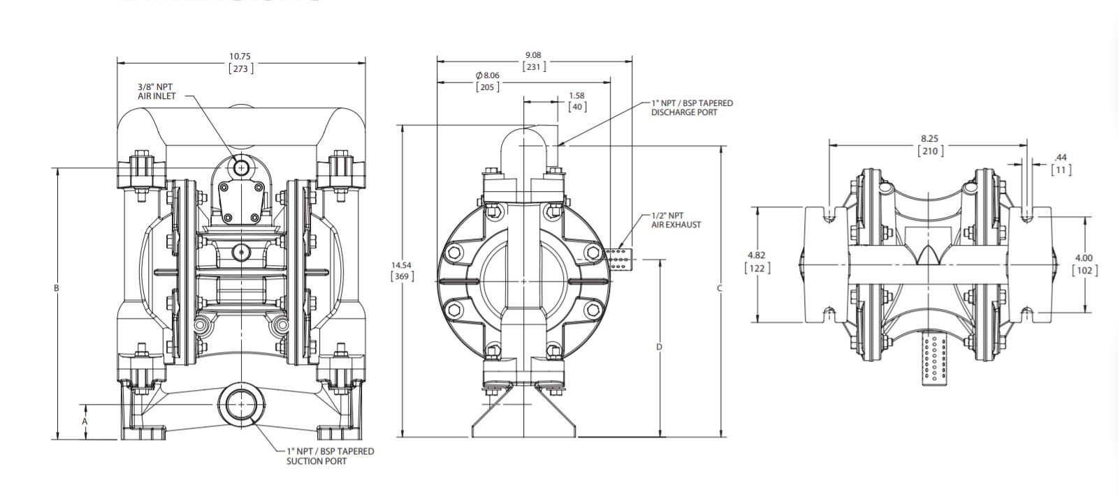 Versamatic 1 inch Bolted Metal Air Operated Double Diaphragm Pump Dimension Drawing. JPG