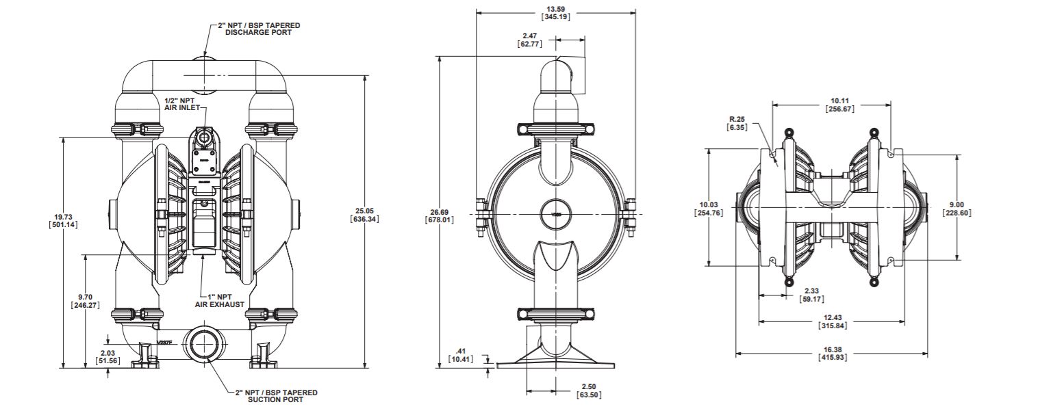 Versamatic 2 inch Clamped Metal Air Operated Double Diaphragm Pump Dimension Drawing .JPG