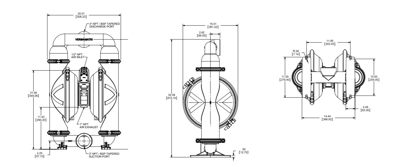 Versamatic 3 inches clamped metal air operated double diaphragm pump dimension drawing . JPG